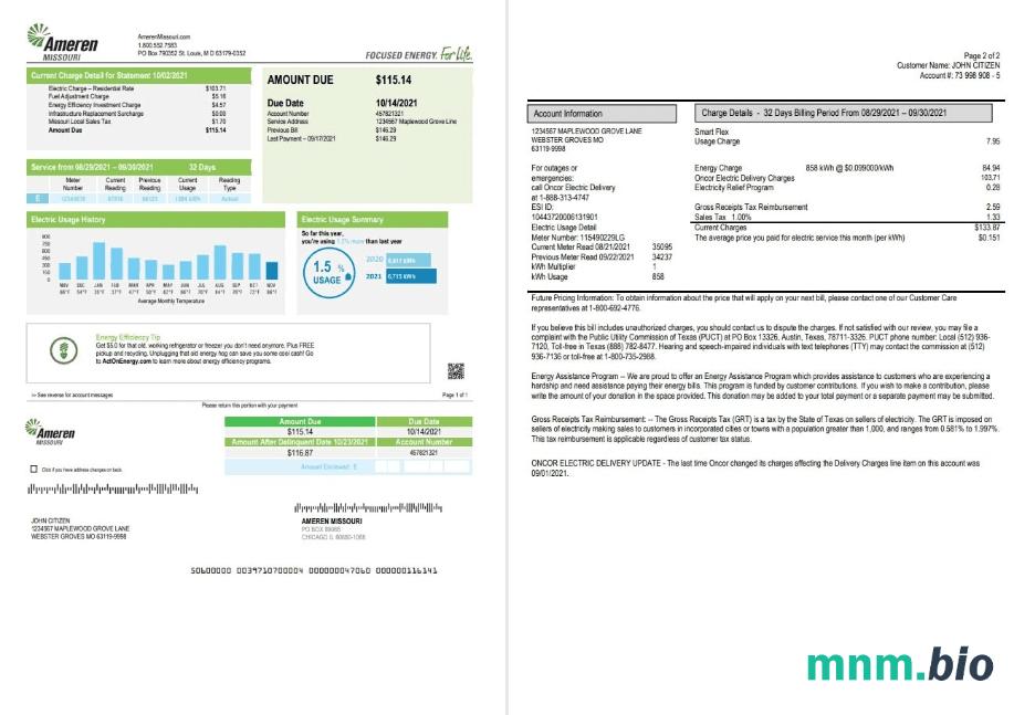 USA Ameren Missouri elektryczność rachunek za media szablon w formacie Word i PDF (2 strony)